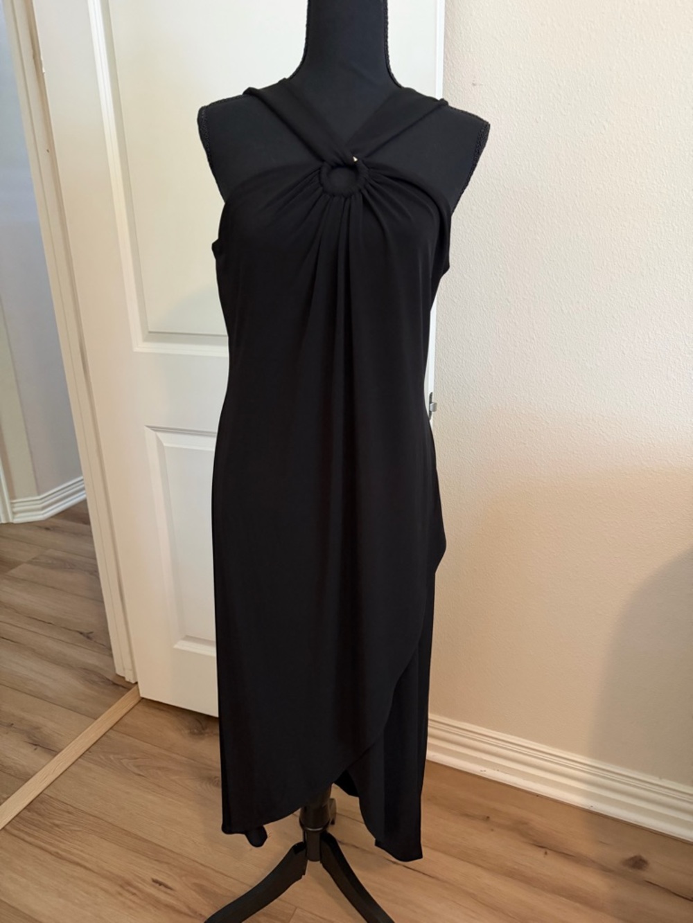 Tommy Bahama Black Asymmetrical Ring-Front Midi Dress